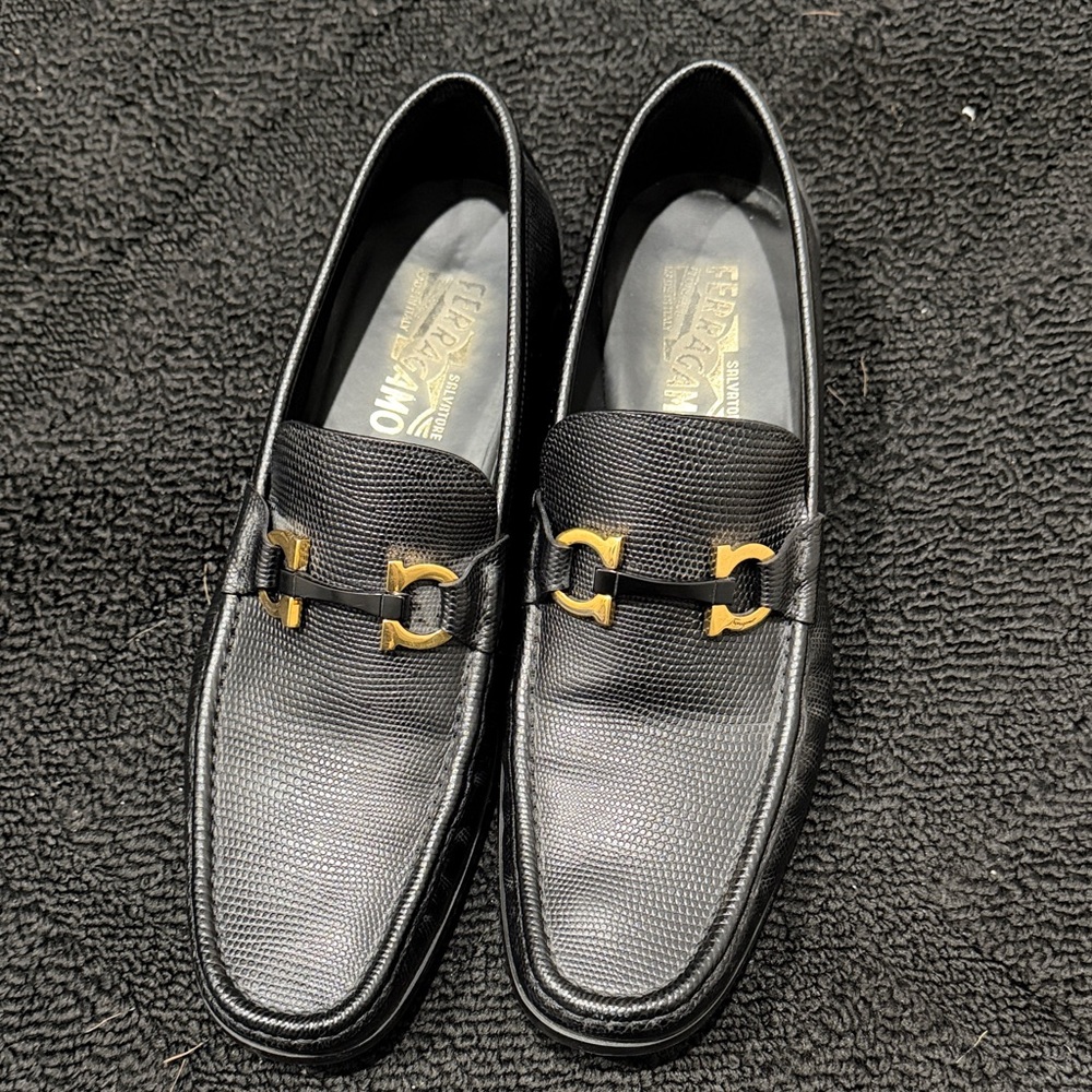 Salvatore Ferragamo Black Textured Loafers with Gold Buckles